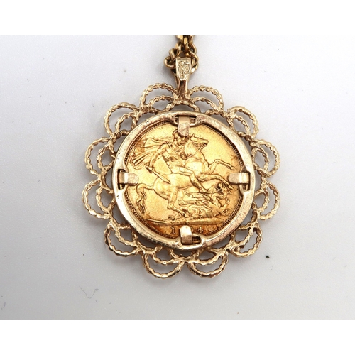 95 - An 1894 sovereign coin within a 9ct gold mount suspended from a curb link chain. Weight 21.20
both t... 