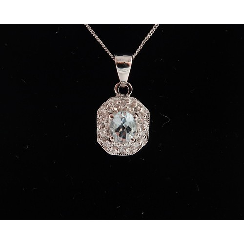 115 - A 9ct white gold Art Deco style aquamarine and diamond pendant on a 9ct white gold chain - head size... 