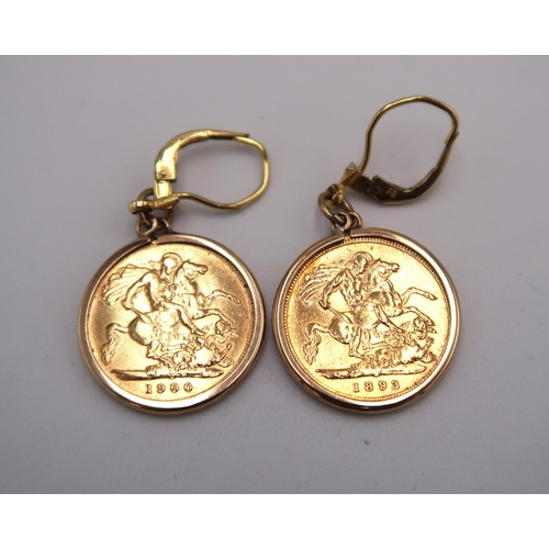 110 - An 1893 and a 1900 Victoria head half sovereign, each in 9ct gold pendant mounts and set as earrings... 