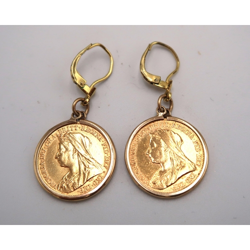 110 - An 1893 and a 1900 Victoria head half sovereign, each in 9ct gold pendant mounts and set as earrings... 