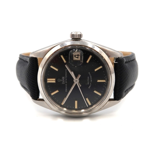 283 - A Tudor Prince Oysterdate gentleman's wristwatch on black leather strap, automatic movement with bla... 