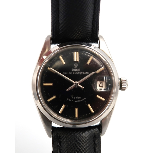 283 - A Tudor Prince Oysterdate gentleman's wristwatch on black leather strap, automatic movement with bla... 