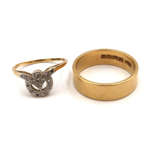 146 - Two 18ct yellow gold rings - one band ring size V along with a diamond set ring size Q - approx tota... 