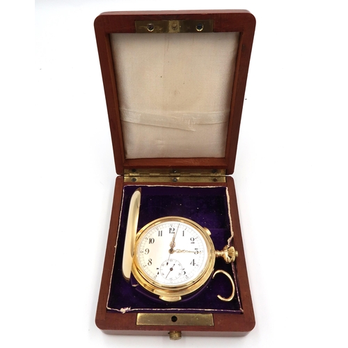 288 - Cricketing Interest: An 18ct gold full hunter, keyless wind, pocket watch and stop watch, the white ... 