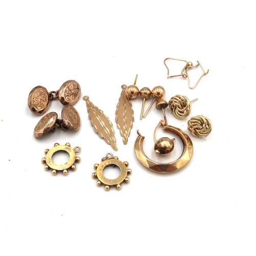 154 - A group of 9ct gold, including sleeper ear-studs, leaf pendants, a pair of knot earrings, a half hoo... 