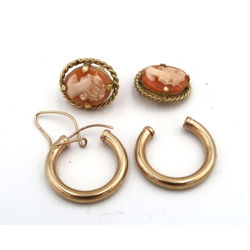 155 - A pair of 9ct gold half hoop earrings, a/f one post missing, a pair of 9ct gold cameo earrings, a/f ... 