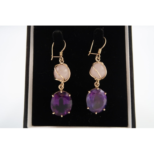 17 - A 9ct yellow gold pair of large amethyst and rose quartz earrings, amethyst approx 18mm x 13mm, rose... 