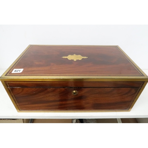 621 - A good quality 19th century mahogany and brass bound fitted box with a J. Bramah lock with a key and... 