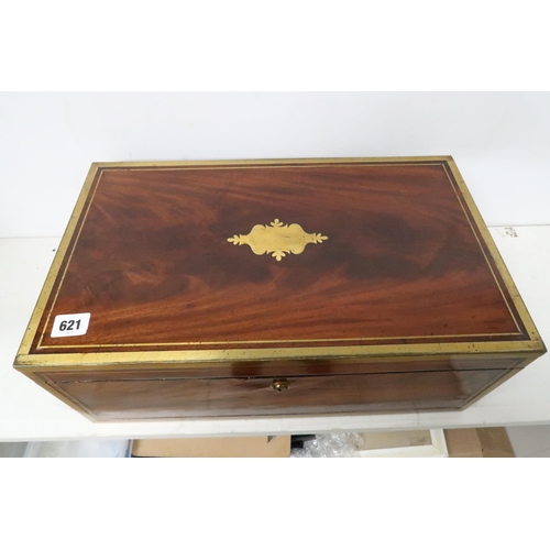 621 - A good quality 19th century mahogany and brass bound fitted box with a J. Bramah lock with a key and... 