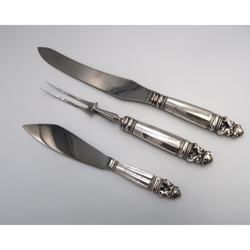 326 - Danish silver 'Acorn' pattern carving set, all stamped Georg Jensen, Sterling Denmark, 20th century,... 