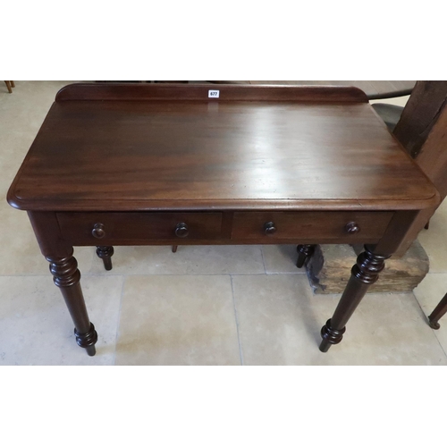 677 - A Victorian mahogany side table with two frieze drawers on turned tapering legs, 99cm wide x 74cm hi... 