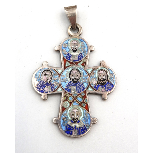  A decorative enamel cross pendant depicting the crucifixion to one side and five disciples to the re... 