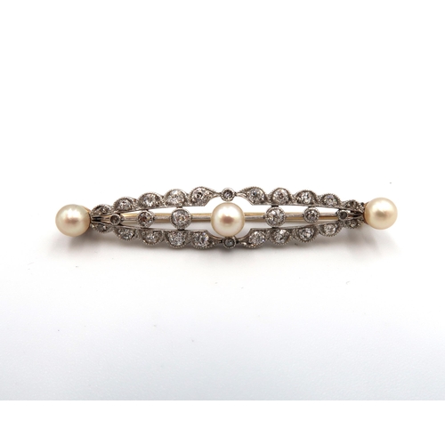  A 15ct (Tested) 28 Diamond and Pearl Edwardian Brooch, Head Size approx. 44mm x 9mm, Diamonds are a ... 