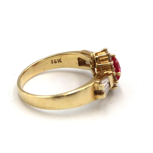  A ruby (possibly synthetic) and brilliant cut diamond cluster ring with tapered baguette diamonds to... 