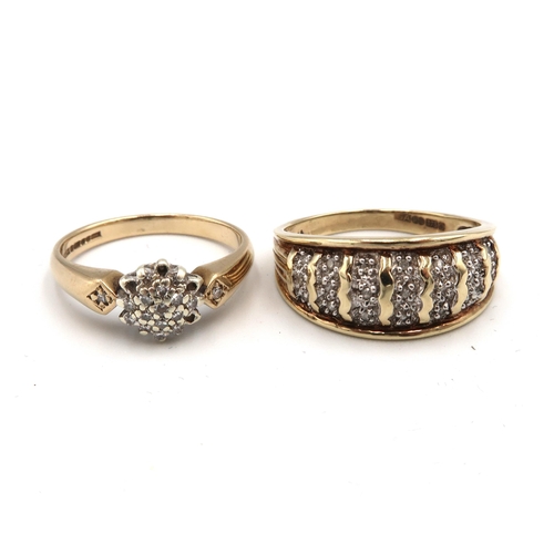 13 - Two 9ct gold diamond set rings to include a cluster, size K 1/2 and a three row eternity ring size P... 