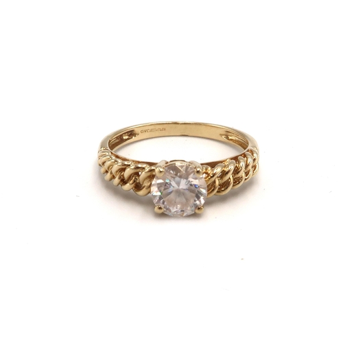 35 - A 9ct Yellow Gold White Zircon Solitaire Ring, Zircon approx. 1crt with Rope Work Shoulders, Ring Si... 