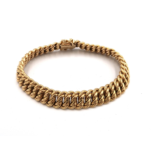 5 - A 9ct gold quatra curb link bracelet, with engraved disc detail to the top and bottom links, marked ... 