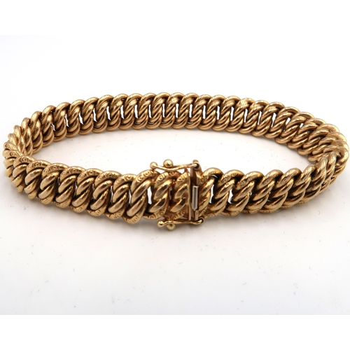 5 - A 9ct gold quatra curb link bracelet, with engraved disc detail to the top and bottom links, marked ... 