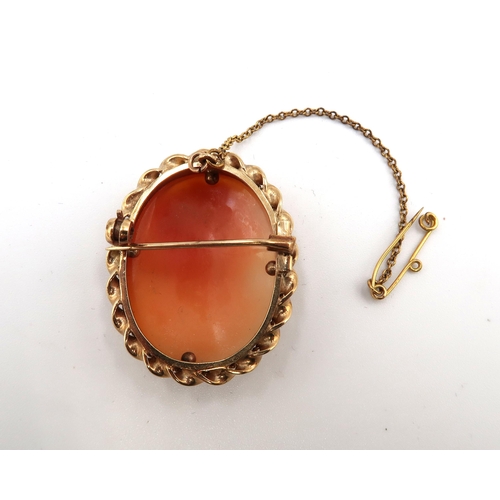 65 - A cameo brooch in 9ct gold mount with rope twist border and pie-crust edge, hallmarked to the pendan... 