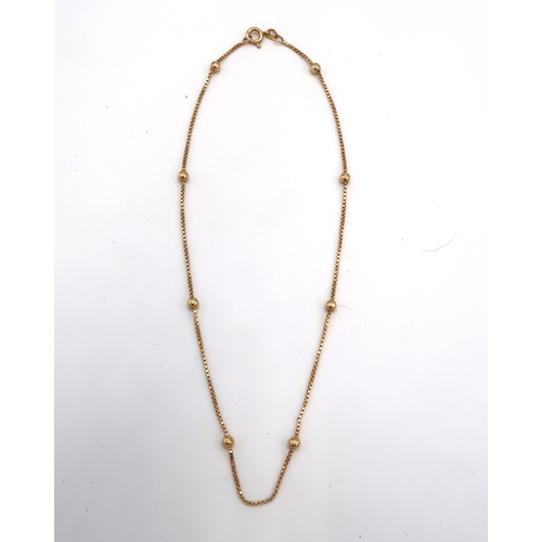 79 - An 18ct gold box link and ball neck chain, with 9ct gold clasp, 37cm long, 6.2g.