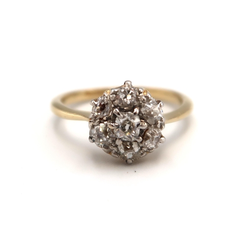 205 - An 18ct yellow gold vintage old cut diamond cluster ring, diamonds are bright and lively, head size ... 