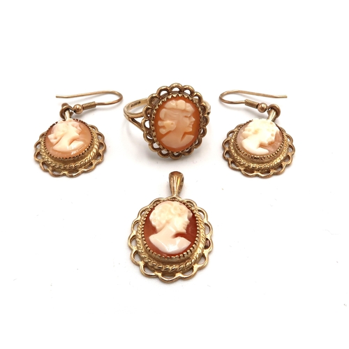 116 - A collection of 9ct gold cameo jewellery. To include a ring, size S 1/2, a pendant and a pair of ear... 