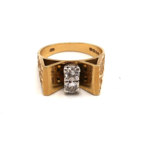 133 - An 18ct yellow gold hallmarked two stone diamond ring of brutalist design, ring size M - weight appr... 