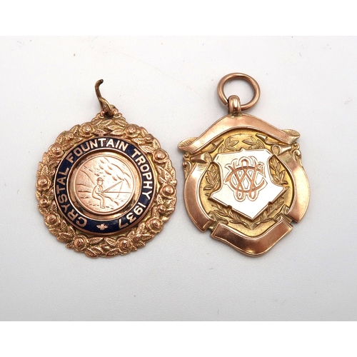 135 - Two 9ct yellow gold medals with pendant loop - the first of shield form engraved to back Leeds Road ... 