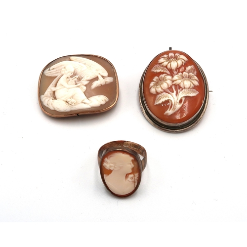 137 - Two cameo brooches and a cameo ring - The cameo ring set in 9ct yellow gold (hallmarked), one cameo ... 