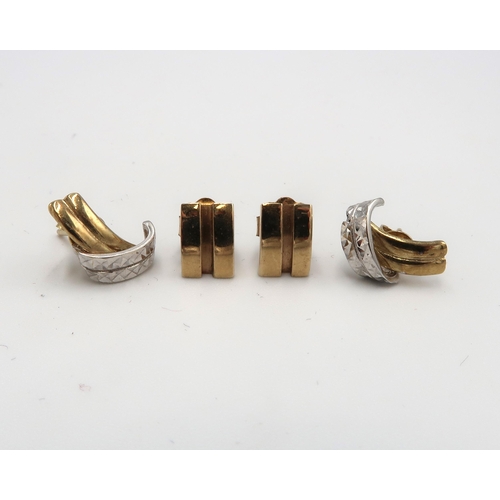 170 - A pair of bi-colour gold crossover earrings, and a further pair of 9ct gold earrings, unmarked but t... 