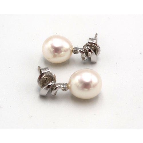 175 - A pair of whit 14ct gold, diamond and pearl earrings, of swirl design, set with tiny diamond above o... 