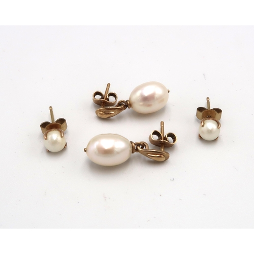 176 - A pair of 14ct gold and pearl drop earrings, a pair of 14ct gold and pearl ear studs, unmarked but t... 