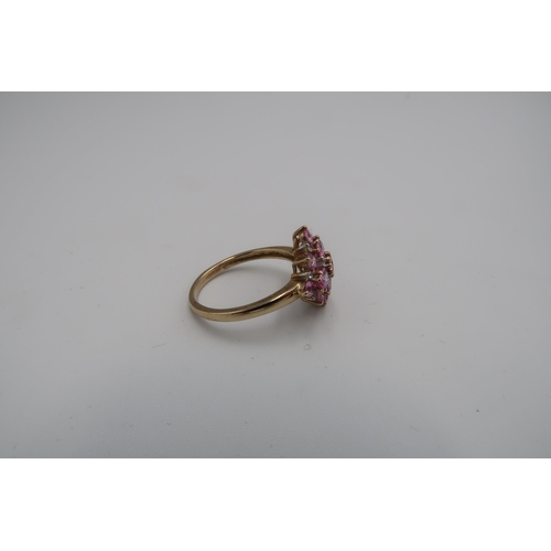 194 - A 9ct gold pink sapphire and diamond cluster ring. Size P 1/2. Weight 2.57 grams.