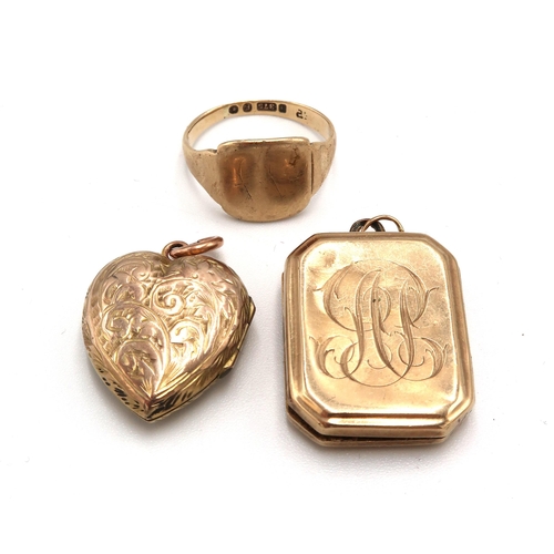 50 - Three items of 9ct gold - a rectangular shaped locket stamped .375 and a hallmarked 9ct gold signet ... 