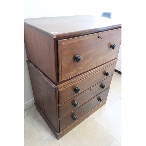 644 - A mahogany secretaire chest with a fitted interior over a pine three drawer base - 82cm x 110cm