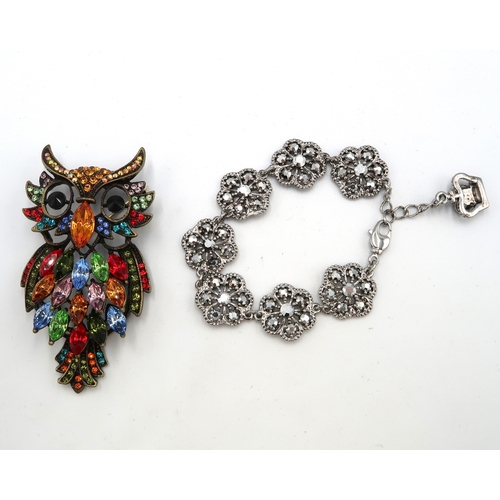 77 - A Butler and Wilston multi-stone owl brooch 8cm long, and a Butler and wilston flower disc bracelet,... 