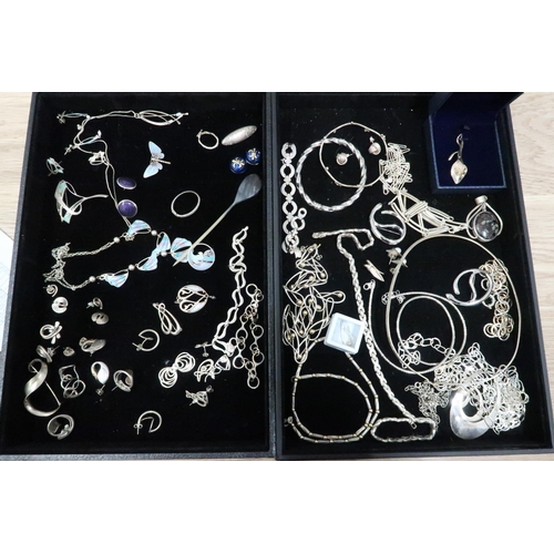 184 - A group of silver and silver and enamel jewellery including enamel necklace, pendant earrings and bu... 