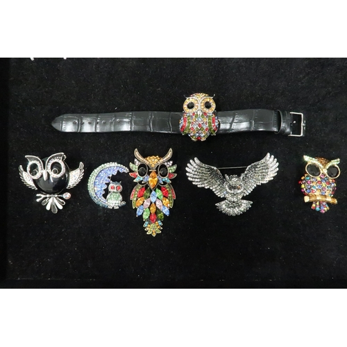 189 - A group of Butler and Wilson Designer jewellery all owl themed, comprising: two multi-coloured stone... 