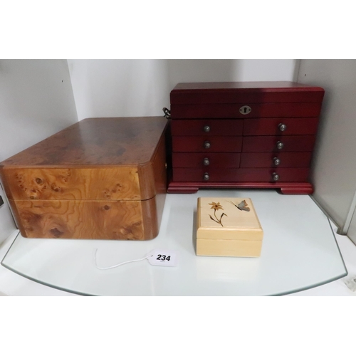 234 - A large burr wood jewellery box with fully fitted interior, removable tray and key, 35 by 23 by 13cm... 