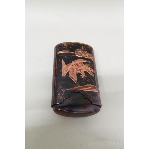 456 - A Japanese tortoiseshell and faux tortoiseshell cigar or cheroot case, of curved lozenge form, decor... 