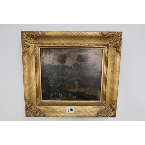 576 - An interesting late 18th century Dutch oil on board in gilt frame, unsigned, 35cm wide x 32cm tall