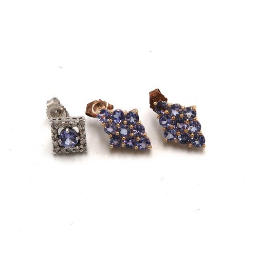 168 - A pair of Mexican 10ct gold earrings set with tanzanites in a diamond pattern, with 10ct gold butter... 