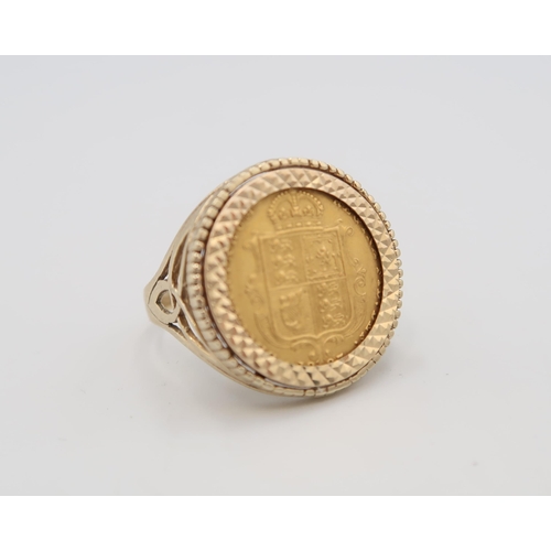 An 1887 half Sovereign set in a hallmarked 9ct yellow gold ring mount ...