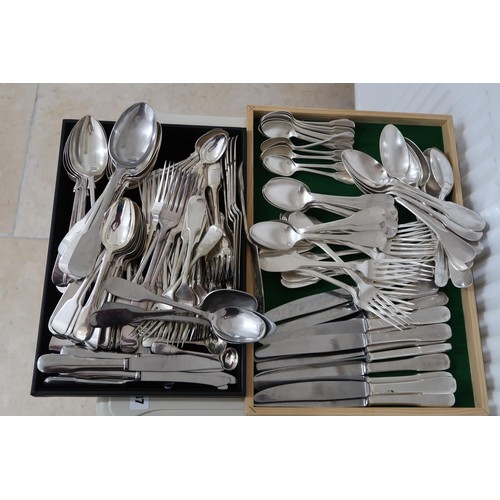 358 - A group of St Medard silver plated cutlery in fiddle pattern comprising twelve knives, forks, large ... 