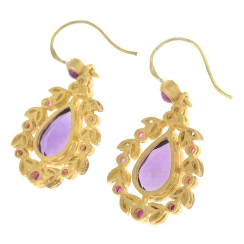 58 - A pair of Amethyst, Diamond and Ruby drop earrings set with rose cut diamonds - Stamped 925, fitting... 