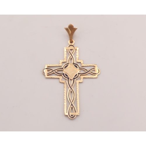 113 - An 18ct tested Crucifix pendant, featuring blue enamel inlay and worked border. 

Stamped '750'

Wei... 
