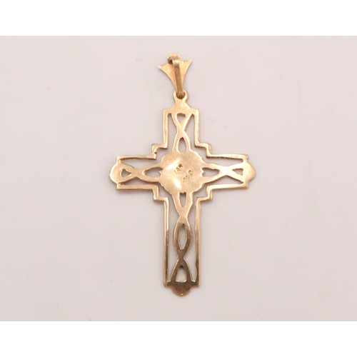 113 - An 18ct tested Crucifix pendant, featuring blue enamel inlay and worked border. 

Stamped '750'

Wei... 