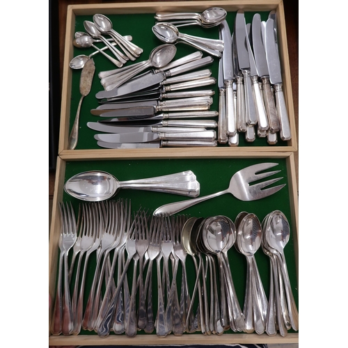 355 - A set of silver plated flatwares for twelve place settings, of very similar pattern with reeded deco... 