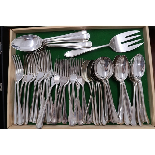 355 - A set of silver plated flatwares for twelve place settings, of very similar pattern with reeded deco... 
