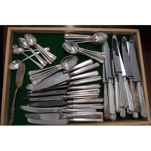 355 - A set of silver plated flatwares for twelve place settings, of very similar pattern with reeded deco... 